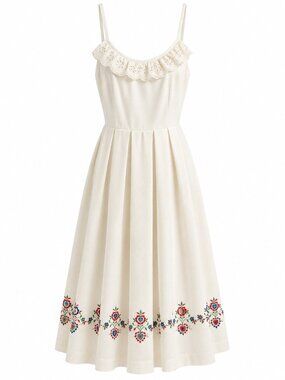 Vintage Lanz Originals White Midi Sundress Eyelet Ruffle & Floral Embroidery